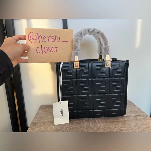 NEW Authentic Fendi Vitello Small Zucca Sunshine Tote Leather Black - Picture 8 of 13